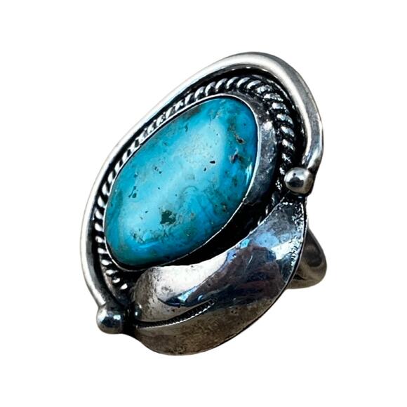 Vintage Blue Turquoise Leaf Sterling Silver Native American Navajo Ring Sz 4.5 - Picture 3 of 10